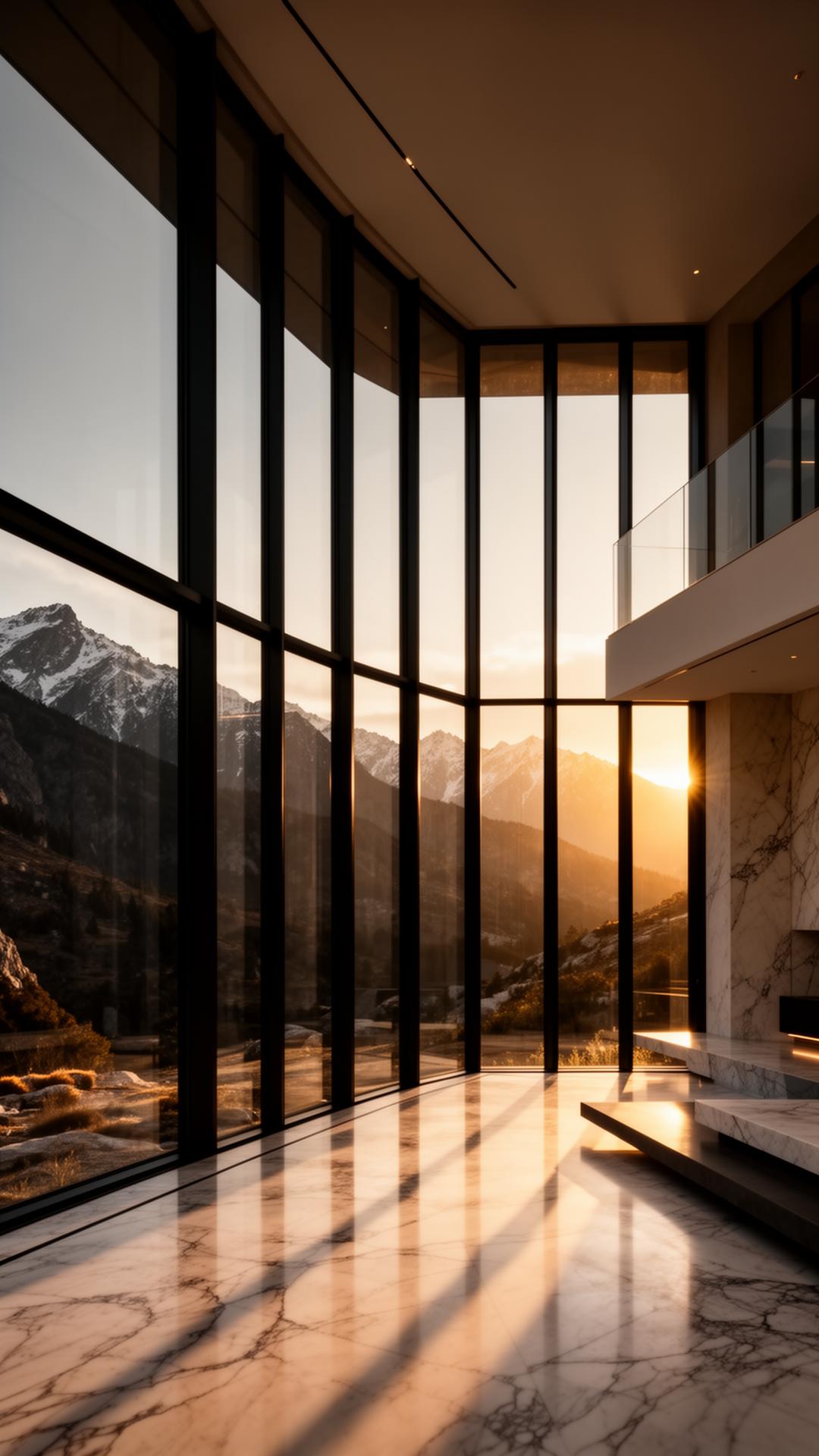 Floor-to-ceiling luxury mountain window at golden hour